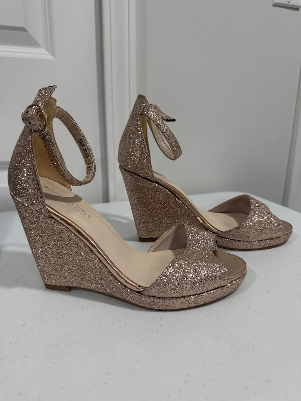 Benjamin Walk Glitter Ankle-Strap Wedge Sandals - Rose Gold.